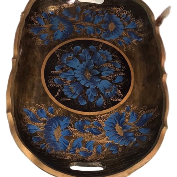 Wooden Mexican Batea Tray Blue Floral Lacquered Handmade Floral Folk A… - Picture 12 of 14